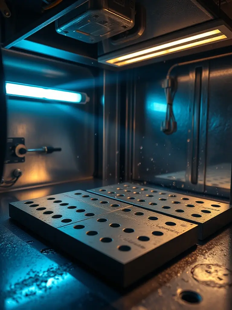 A visual representation of accelerated weathering tests on coated samples, showing the effects of UV exposure and humidity. This image will be used to illustrate Labsure's durability testing services.