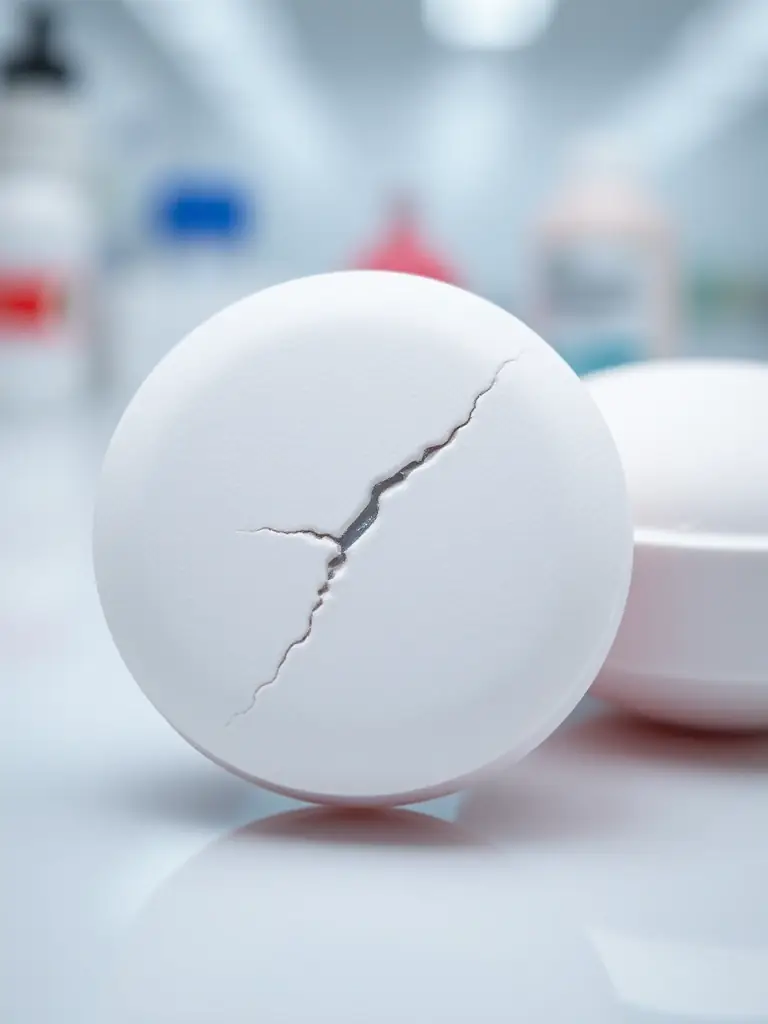 A close-up shot of a cracked adhesive bond in a pharmaceutical product, highlighting the failure point. This image illustrates Labsure's formula cracking services, revealing the adhesive's weakness.