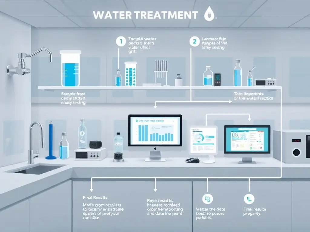 An illustrative image depicting the water treatment process flow, from sample collection to final analysis and reporting. The image should clearly show the different stages and technologies involved in the process.