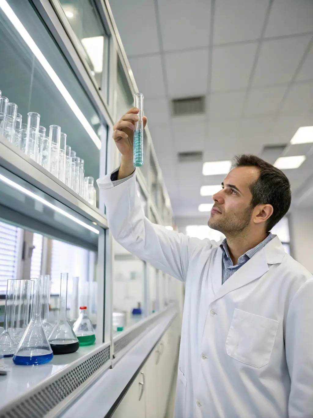 A close-up shot of a chemist working with lab equipment, analyzing a cleaning agent sample in a test tube, with focus on precision and detail.