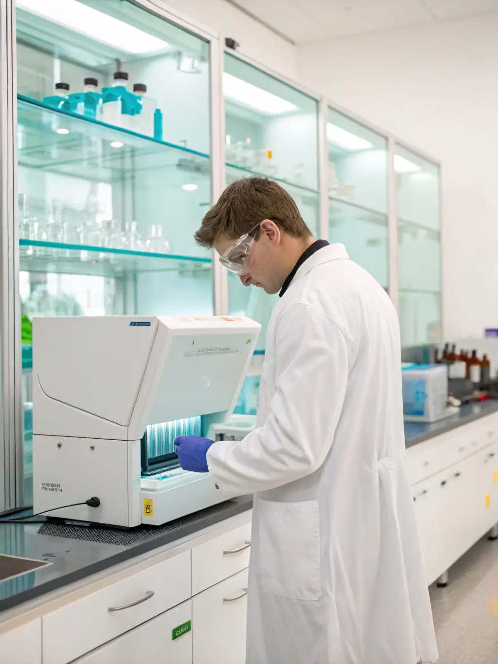 A close-up shot of a Labsure technician using advanced equipment to analyze the chemical composition of an adhesive sample during reverse engineering.