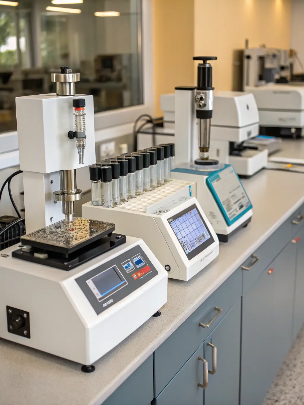 Close-up of chemical analysis instruments with sample containers and data screens, showcasing component analysis in a lab setting.