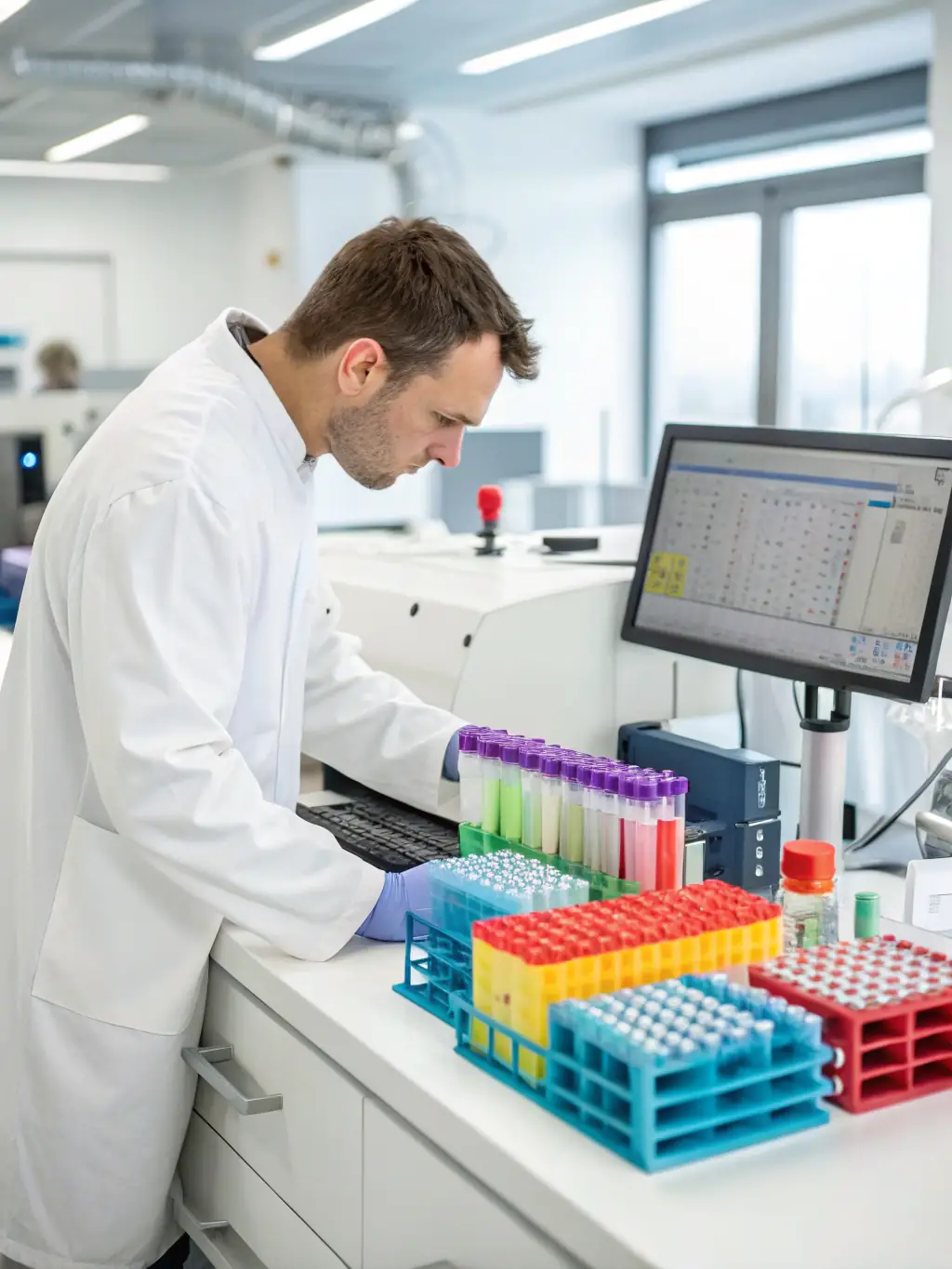 Analysts reviewing test results on computer screens with chemical samples in the background, diagnosing problems in a chemical substance.