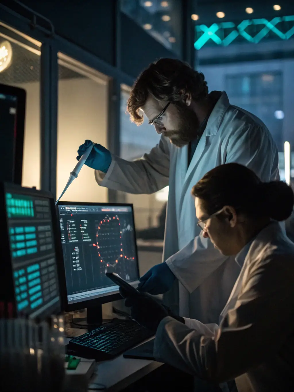 An image of laboratory technicians analyzing chemical samples with advanced equipment, performing reverse engineering on an unknown substance.