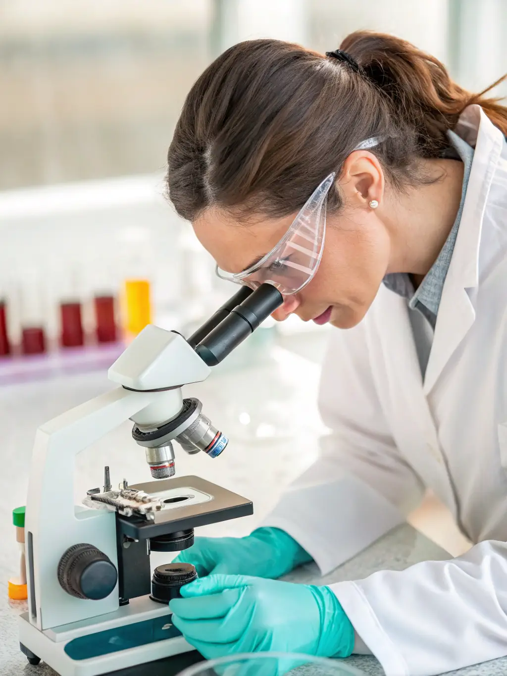 A Labsure scientist examining an adhesive sample under a microscope, highlighting the detailed analysis involved in problem diagnosis and failure analysis.