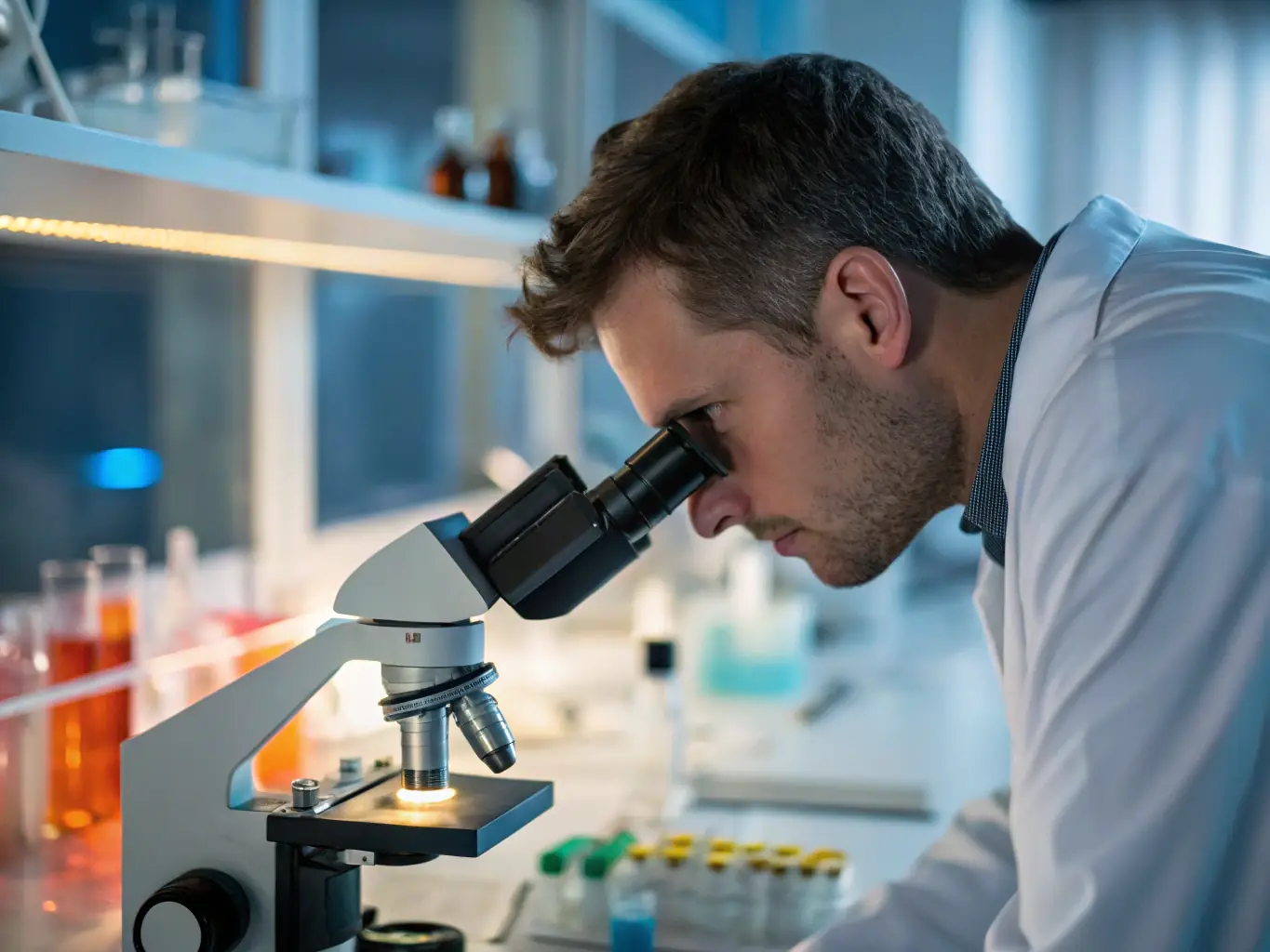 A detailed close-up shot of a lab technician analyzing a sample from the textile industry under a microscope, highlighting the precision required for textile chemical testing.