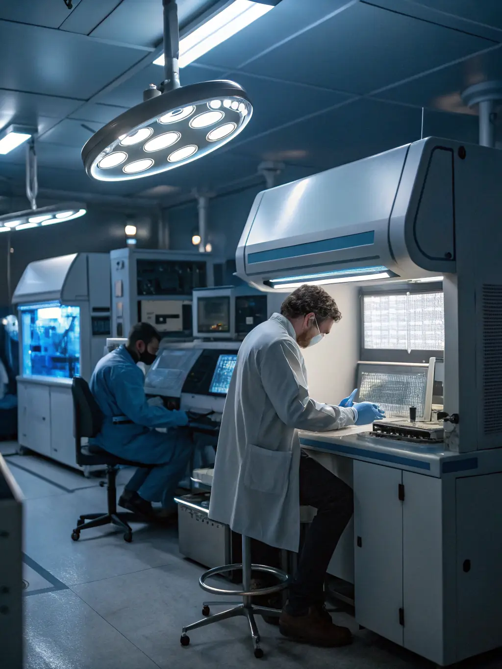 Technicians adjusting laboratory equipment with performance metrics displayed on monitors, optimizing product formulations for performance improvement.