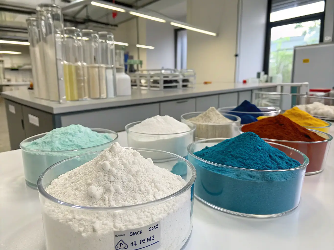 A visually appealing image showcasing various water treatment agents and chemicals used by Labsure, arranged neatly in a laboratory setting. The image emphasizes the scientific nature of the process and the range of solutions offered.