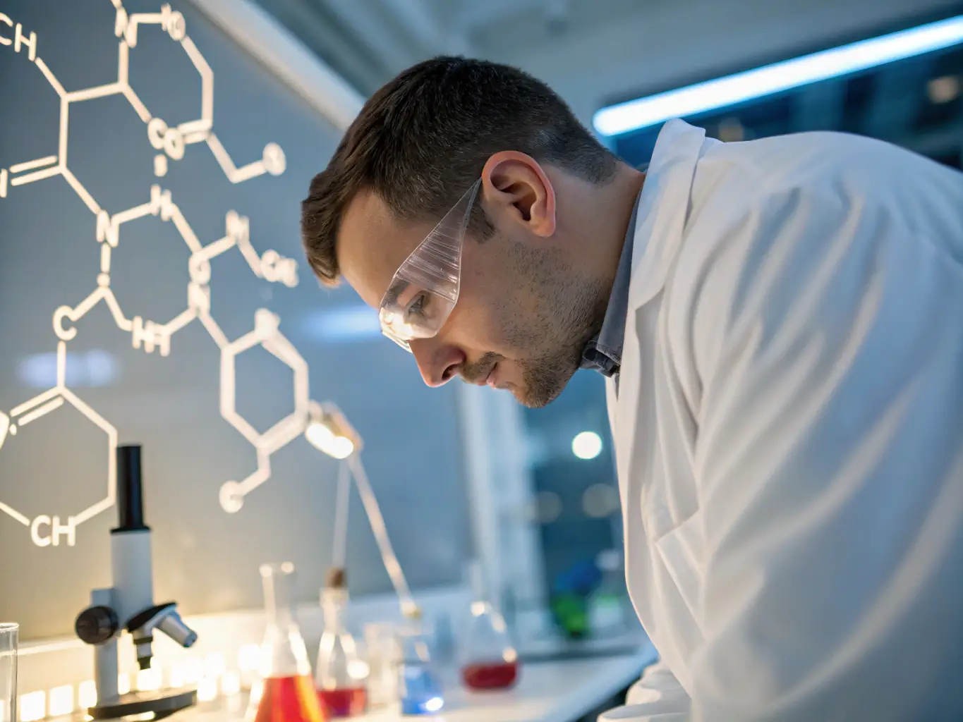 An image of a scientist in a lab coat analyzing a sample of concrete admixture, showcasing the precision and expertise involved in Labsure's chemical testing process.